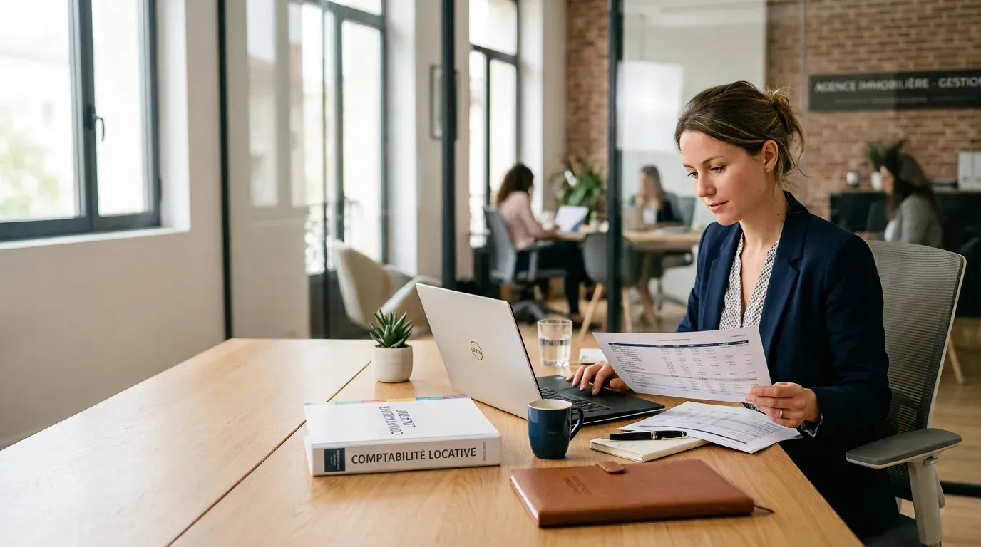 Professionnelle de la gestion locative consultant des documents de comptabilité mandant dans une agence immobilière