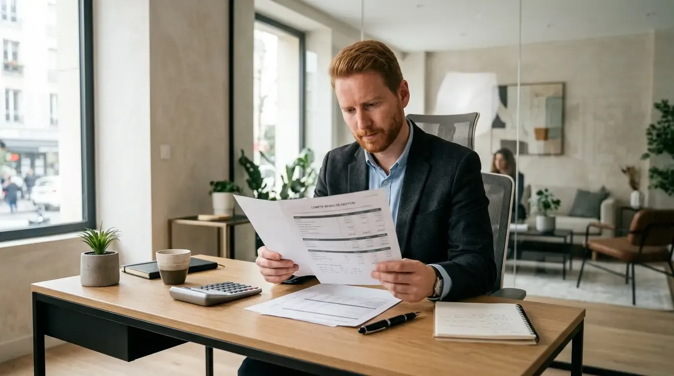 Gestionnaire locatif vérifiant un compte rendu de gestion et des documents financiers sur son bureau