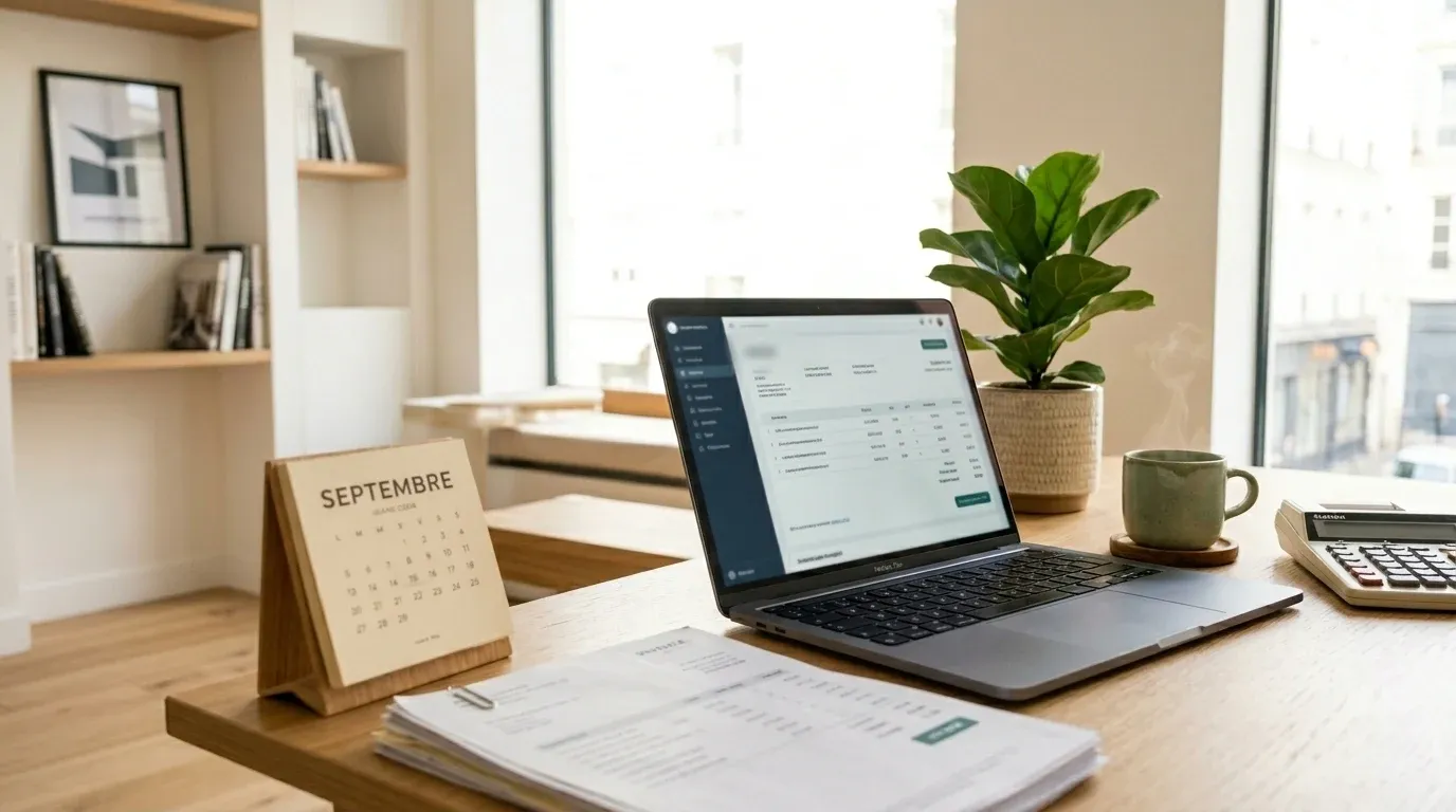Bureau d’agence immobilière avec une facture affichée sur un ordinateur portable et un calendrier de septembre