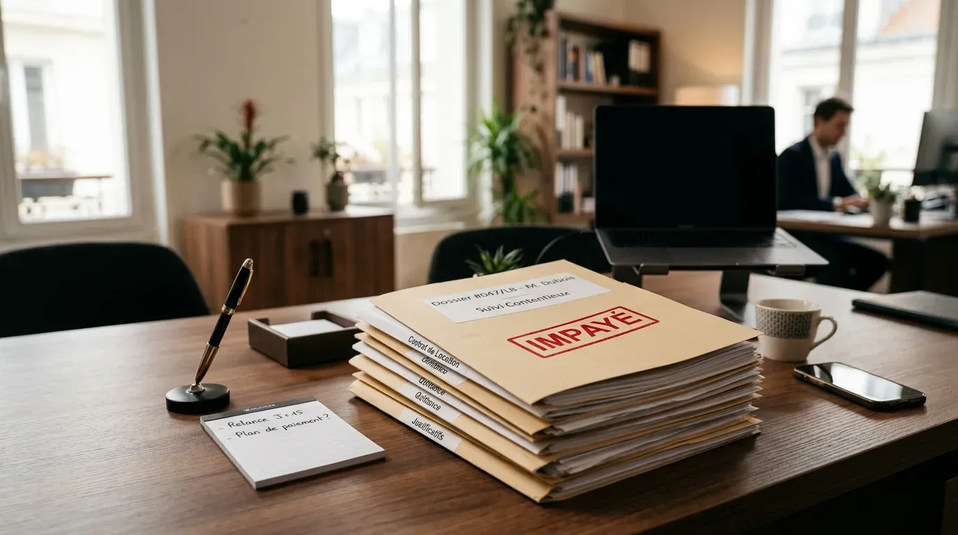 Pile de dossiers de gestion locative avec un tampon rouge impayé sur le dossier du dessus