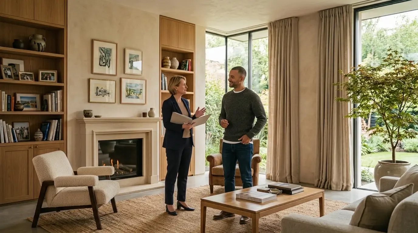 Propriétaire et professionnel de l’immobilier échangeant dans une maison autour d’un mandat de gestion locative