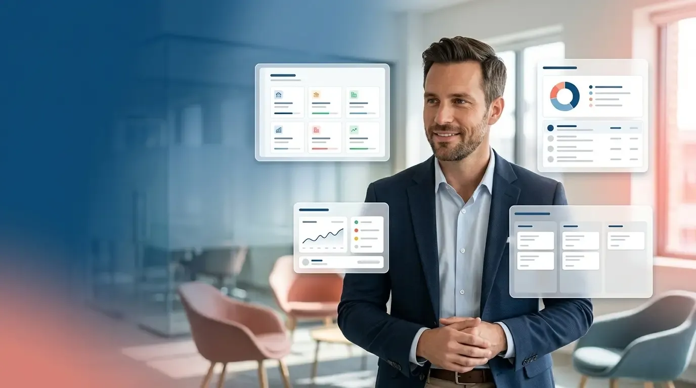 Professionnel de l’immobilier comparant plusieurs logiciels de gestion locative représentés par des interfaces numériques