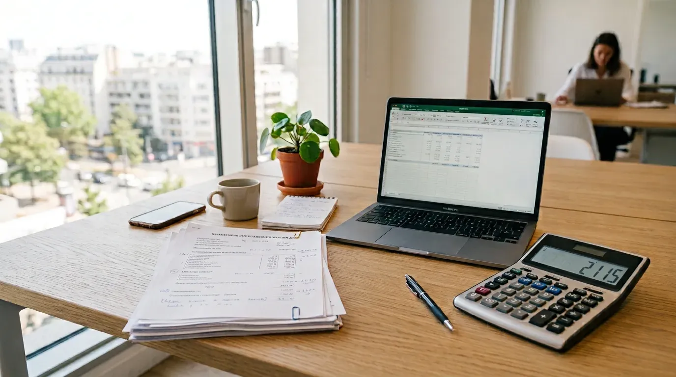 Calculatrice et documents de bureau utilisés pour la régularisation des charges locatives en agence immobilière